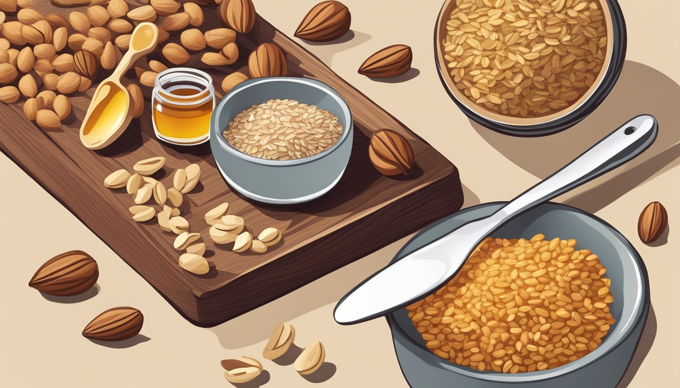 A variety of nuts, seeds, and oats arranged on a wooden cutting board, with a measuring cup filled with honey nearby