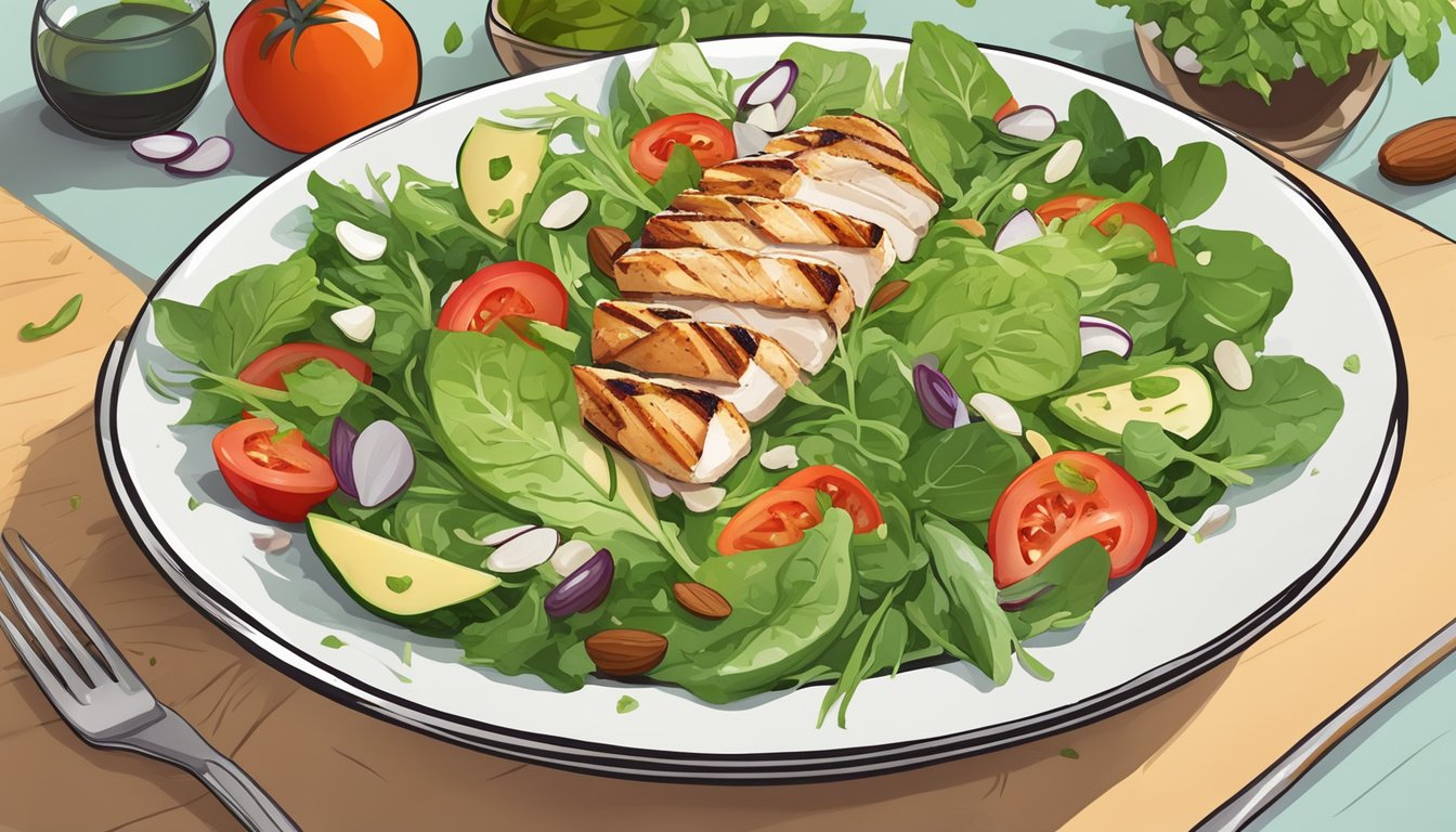 A colorful salad with fresh greens, tomatoes, cucumbers, and grilled chicken, topped with sliced almonds and a light vinaigrette dressing