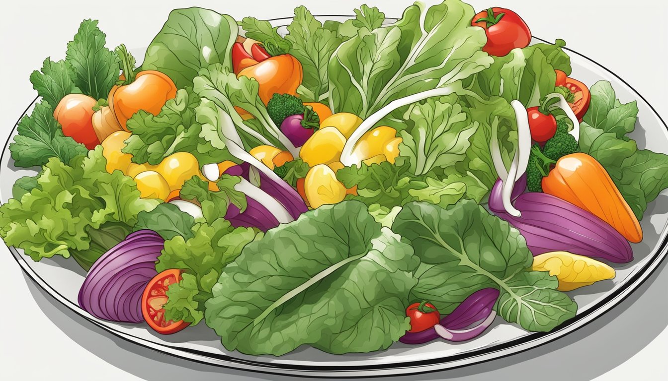 A colorful array of fresh vegetables and leafy greens arranged on a plate, with a light vinaigrette drizzled on top