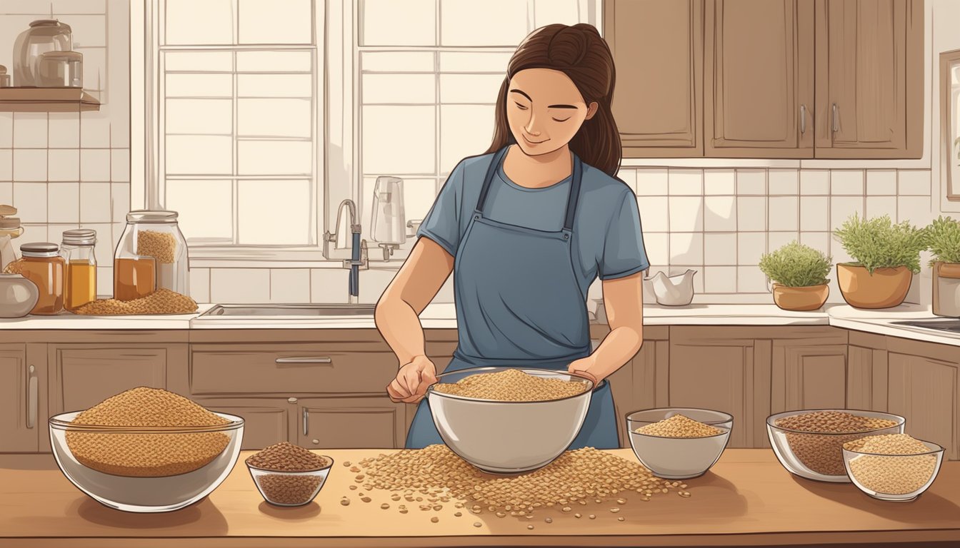 A person measuring out oats, nuts, and seeds while mixing them in a bowl with honey and cinnamon