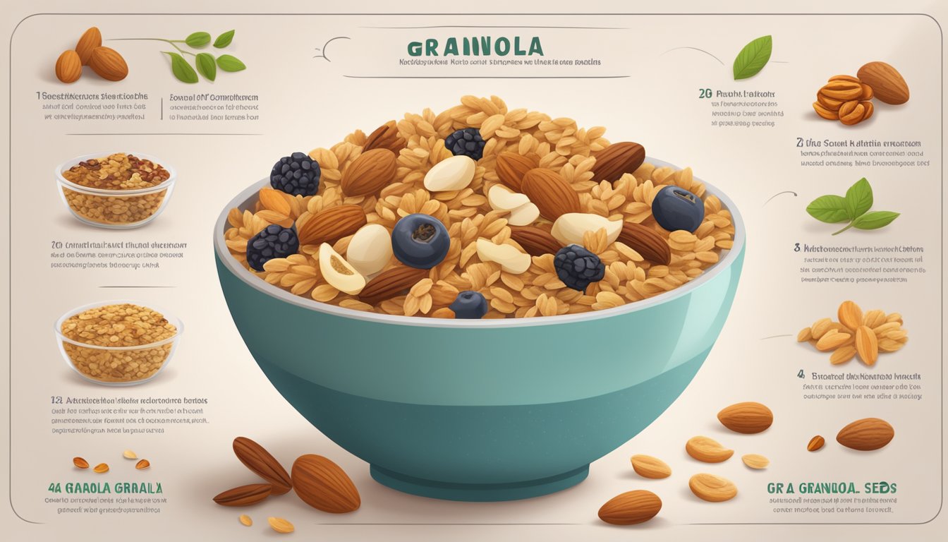 A bowl of granola with nuts, seeds, and dried fruits, surrounded by nutritional information and a list of health benefits