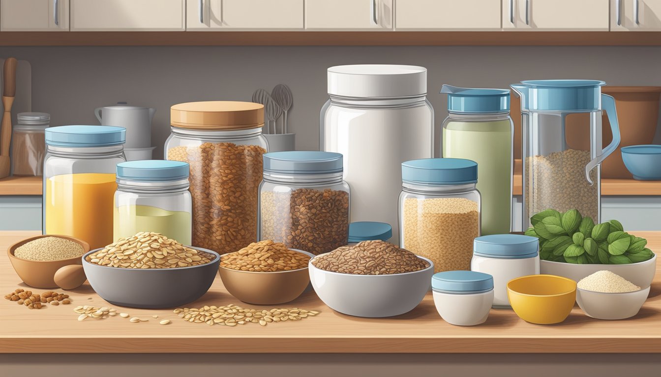 A kitchen counter with assorted ingredients for diabetic granola: oats, nuts, seeds, and sugar-free sweeteners. Mixing bowls and measuring cups are arranged neatly