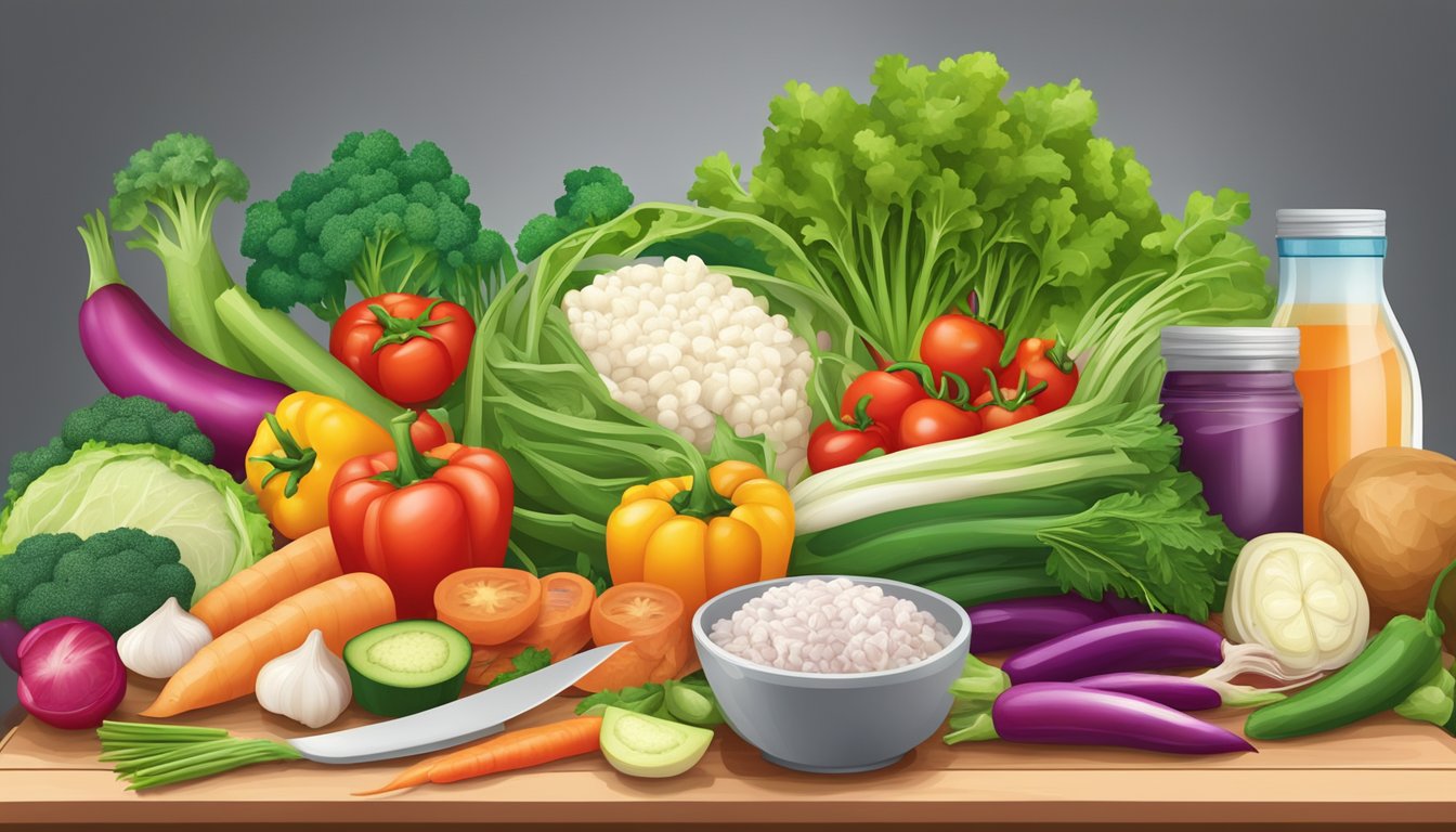 A colorful array of fresh vegetables and lean proteins arranged on a cutting board, with containers of neatly organized leftovers in the background