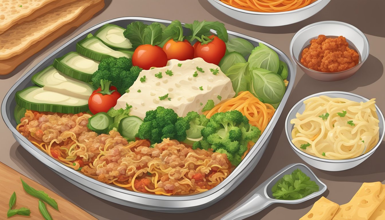 A table with assorted fresh vegetables, lean ground turkey, low-fat cheese, and whole wheat lasagna noodles