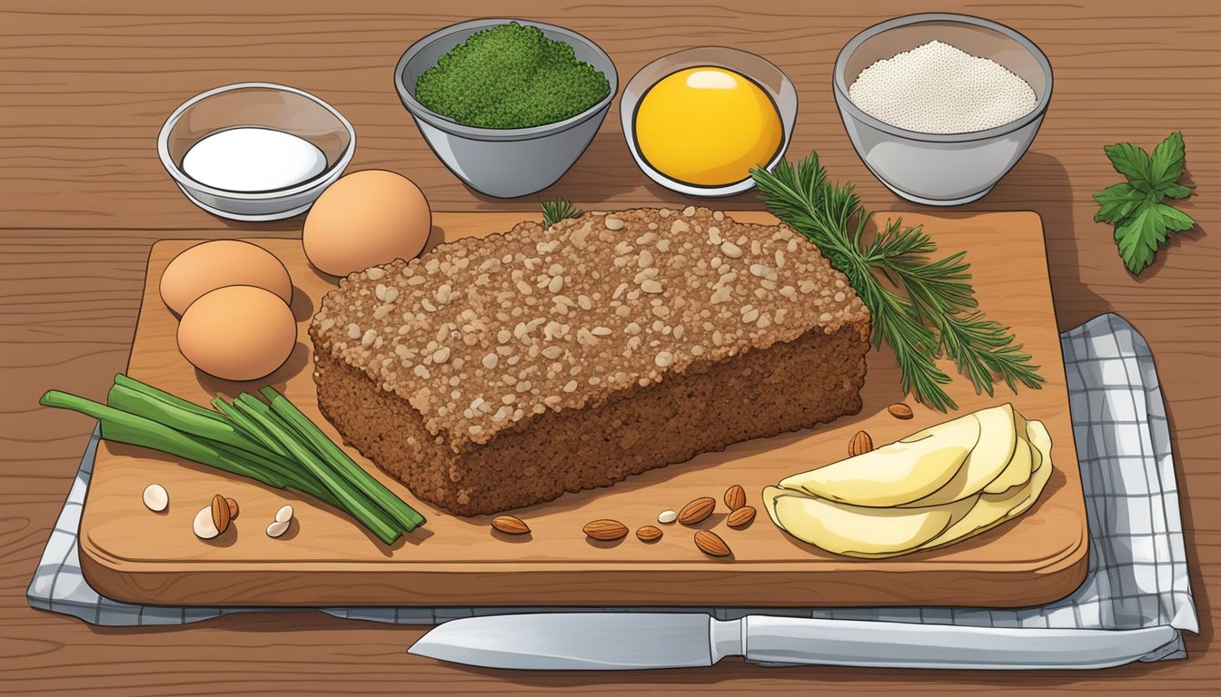 A cutting board with ground turkey, almond flour, eggs, and various spices arranged for a diabetic meatloaf recipe