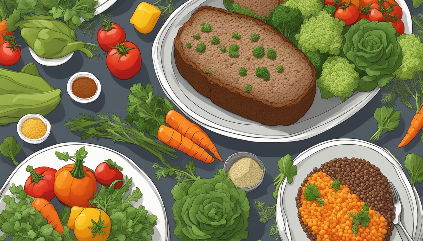 A colorful array of fresh vegetables and herbs arranged around a succulent meatloaf, accompanied by a side of steamed quinoa