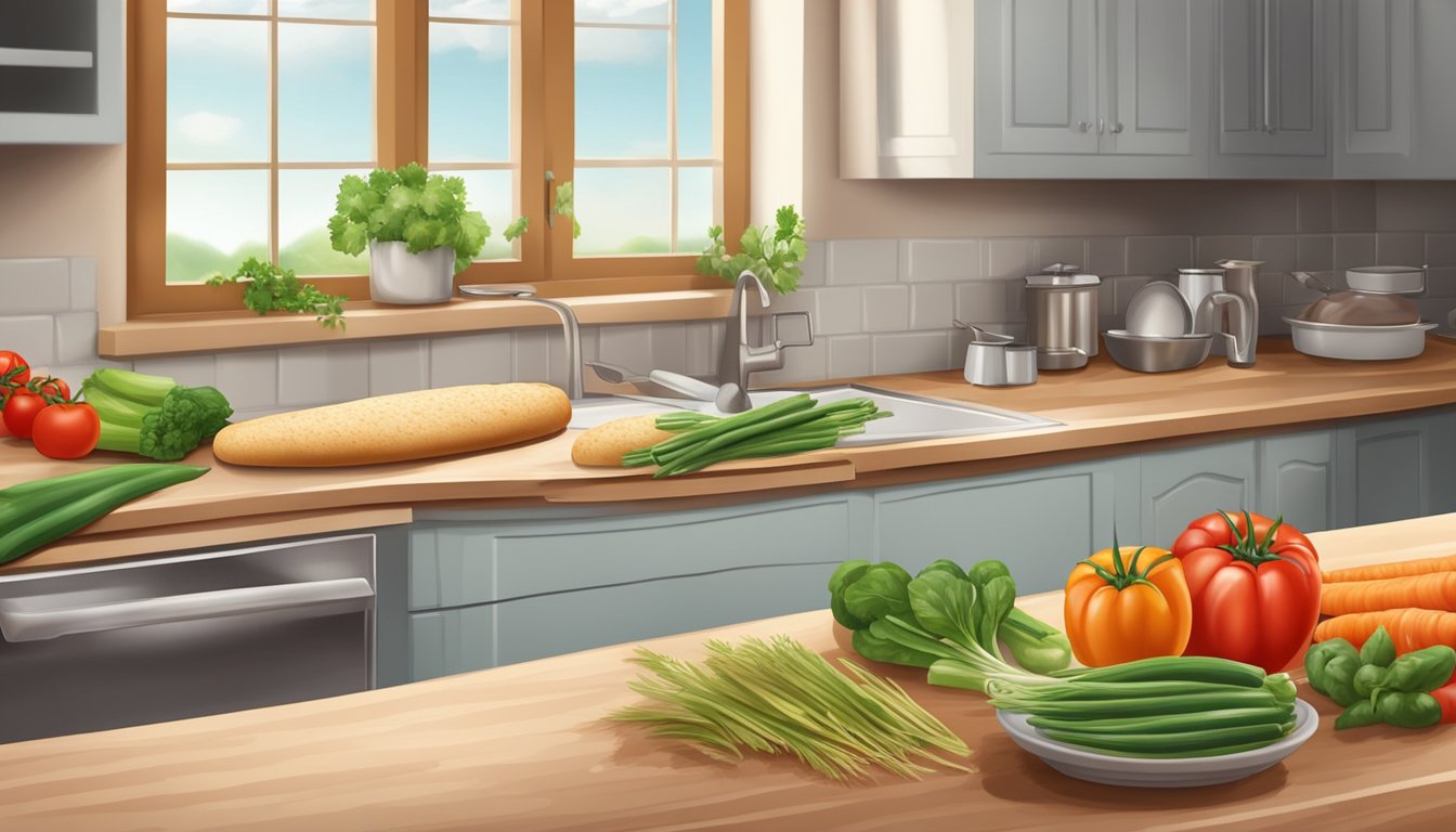 A kitchen counter with a variety of fresh vegetables, whole wheat dough, low-fat cheese, and sugar-free tomato sauce