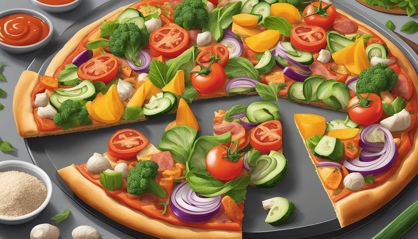 A variety of fresh vegetables and lean meats are arranged on a whole wheat pizza crust, with a side of sugar-free marinara sauce