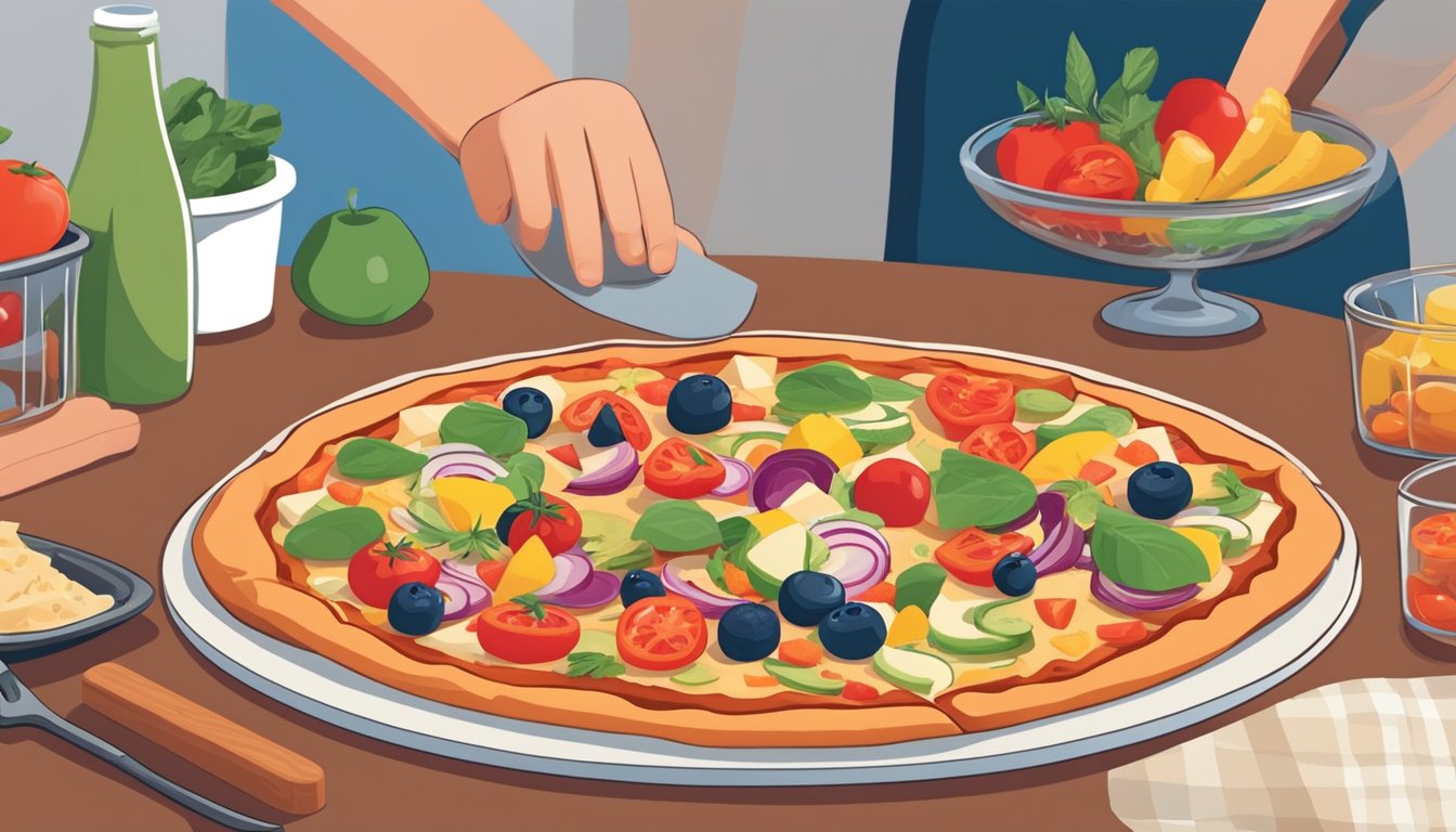 A table set with a colorful array of fresh ingredients and a freshly baked diabetic-friendly pizza, with a person reaching for a slice