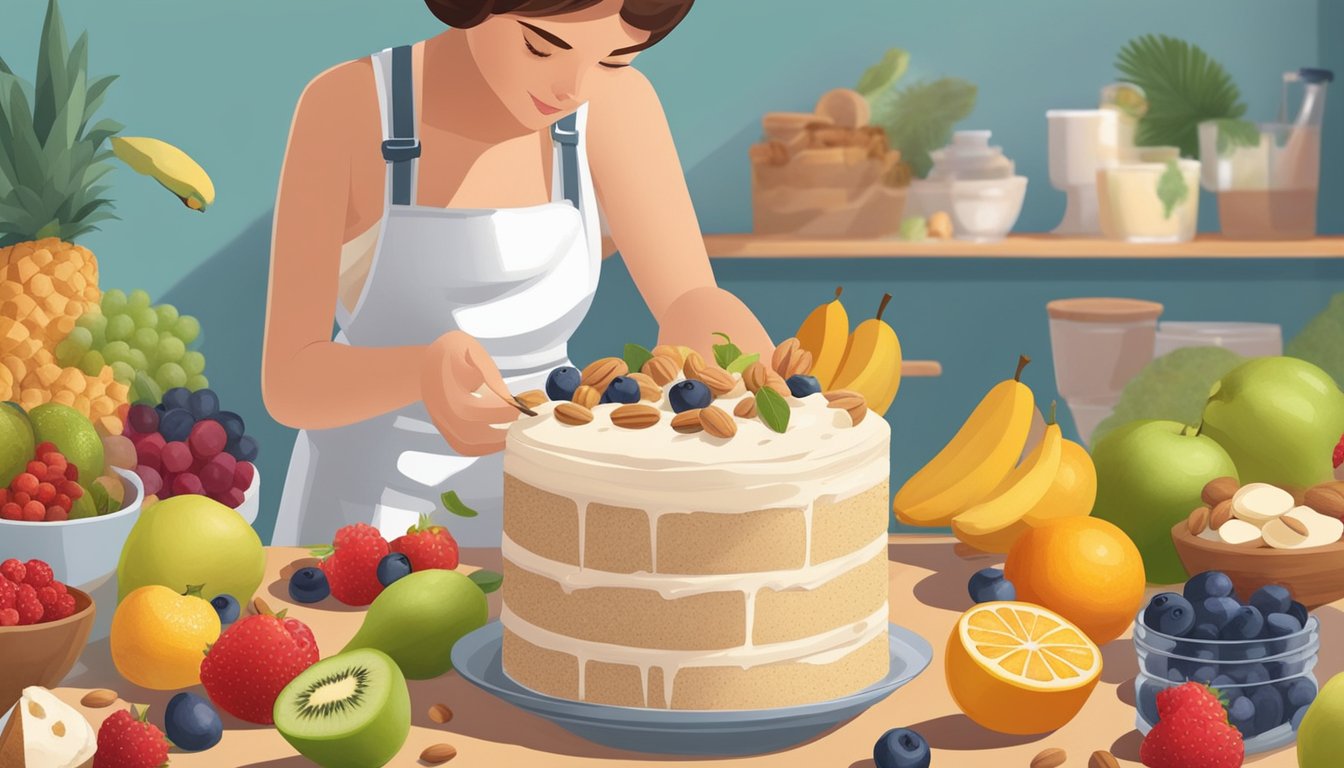 A person carefully measures out sugar alternatives and low-carb flours for a birthday cake, surrounded by fresh fruits and nuts