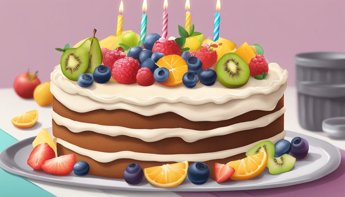 A diabetic birthday cake being decorated with sugar-free frosting and colorful fruit toppings