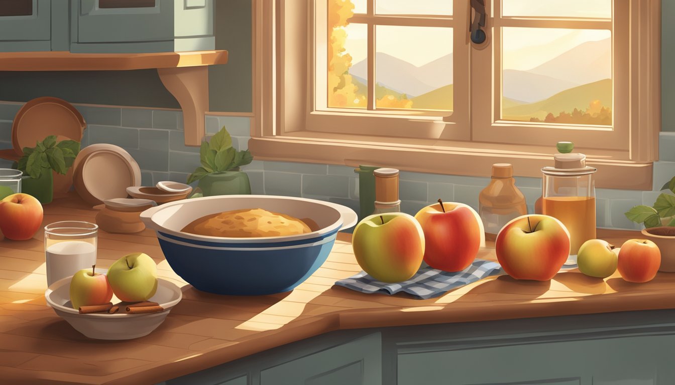 A kitchen counter with a mixing bowl, measuring cups, apples, cinnamon, and a pie dish, all surrounded by a warm, inviting glow