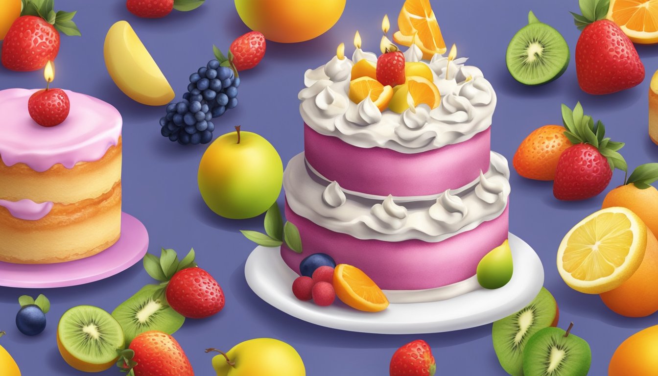 A birthday cake with sugar-free frosting and colorful fruit decorations