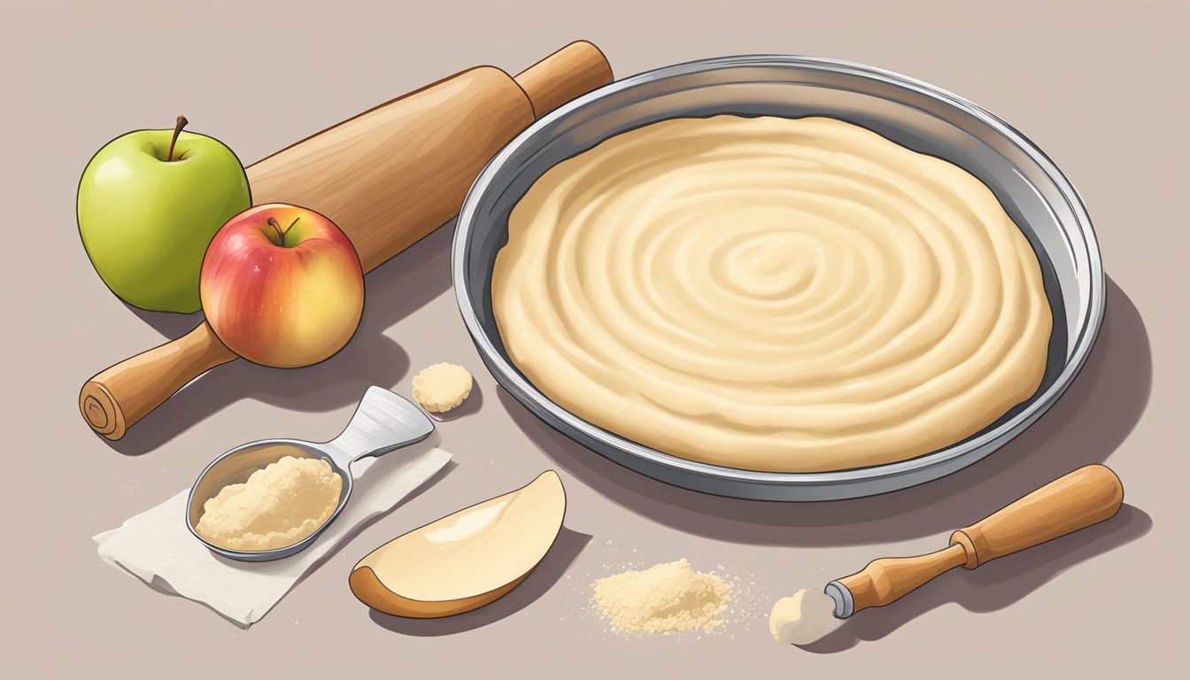 A rolling pin flattens dough on a floured surface, ready for a pie tin. Ingredients sit nearby, including a bowl of sliced apples