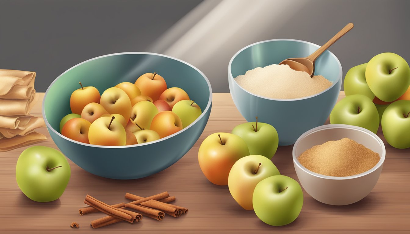 Fresh apples, cinnamon, and sweetener being mixed in a bowl