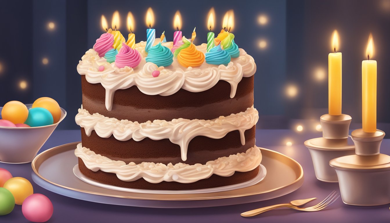 A festive birthday cake with sugar-free frosting and diabetic-friendly decorations. Safe candles and serving utensils are nearby