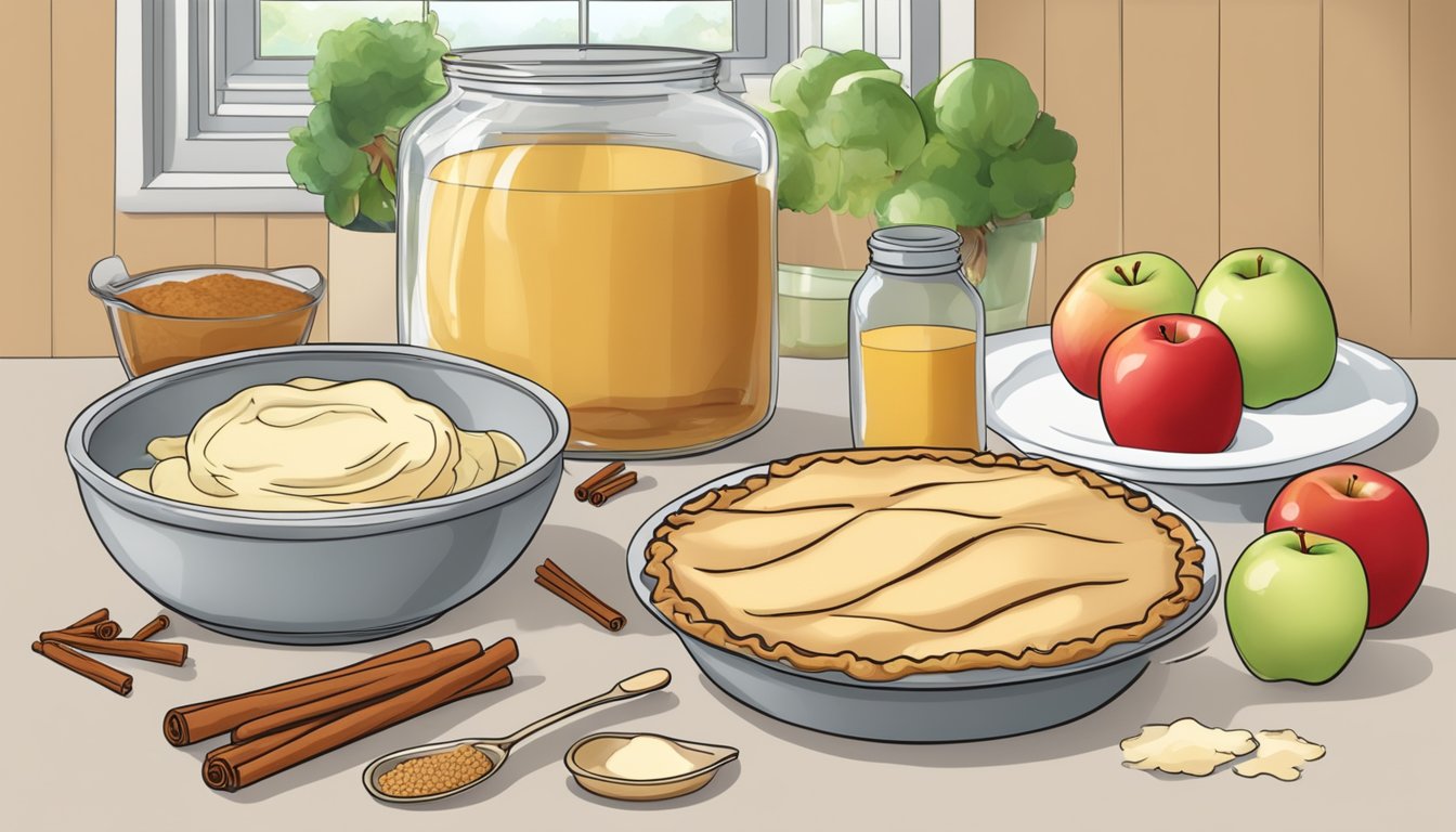 A kitchen counter with ingredients for a diabetic apple pie recipe, including apples, cinnamon, and a mixing bowl