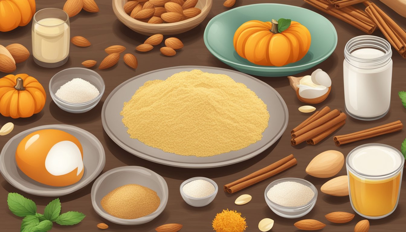 A table with ingredients: pumpkin, almond flour, cinnamon, eggs, and stevia