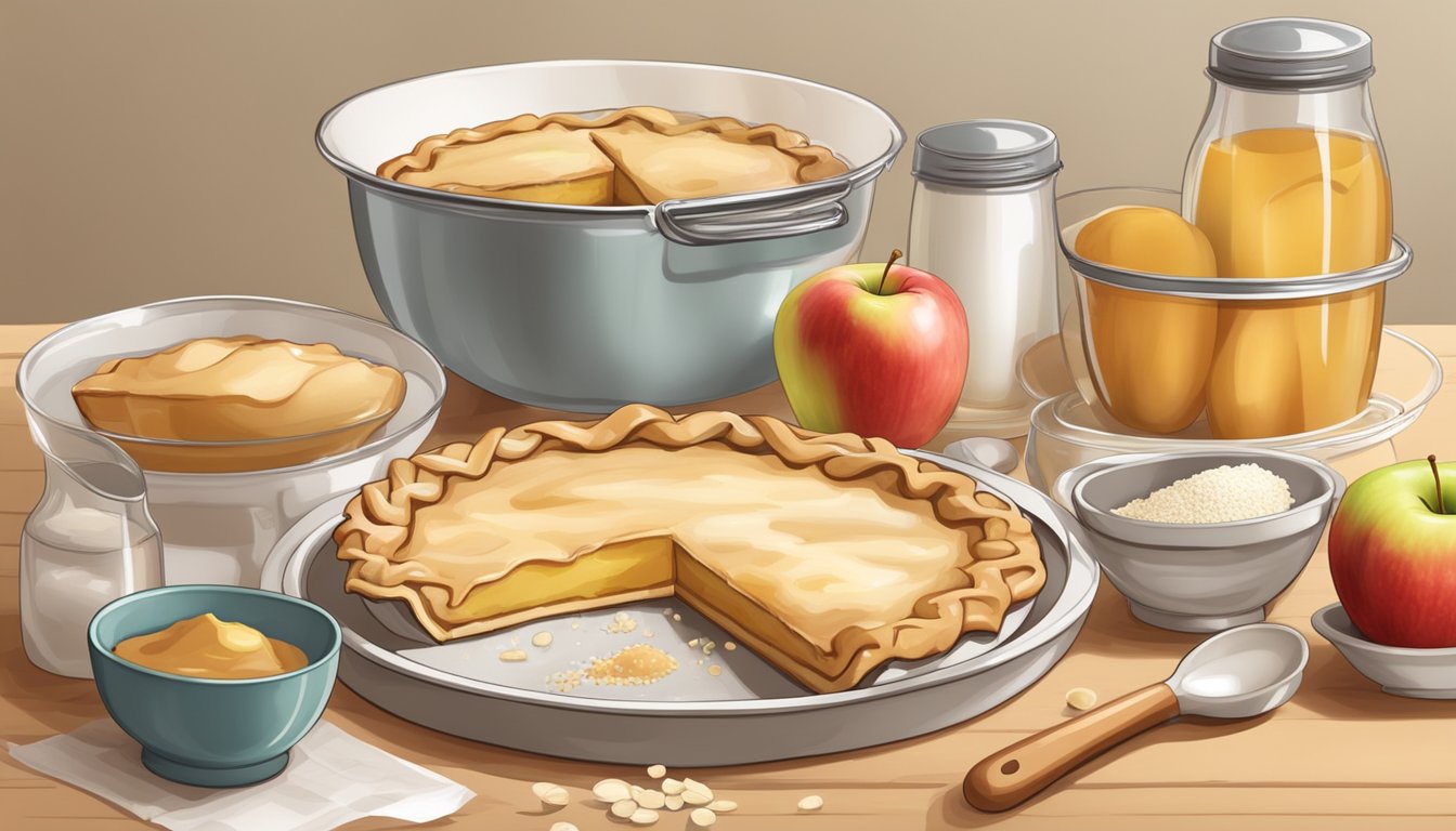 A table with ingredients for diabetic apple pie, surrounded by measuring cups and spoons, a mixing bowl, and a rolling pin