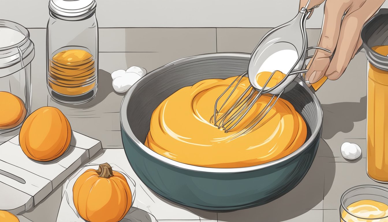 A hand mixing a bowl of pumpkin puree, eggs, and sugar with a whisk