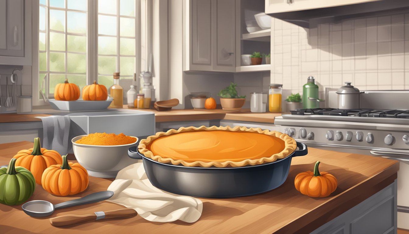 A kitchen counter with ingredients and tools for baking a pumpkin pie