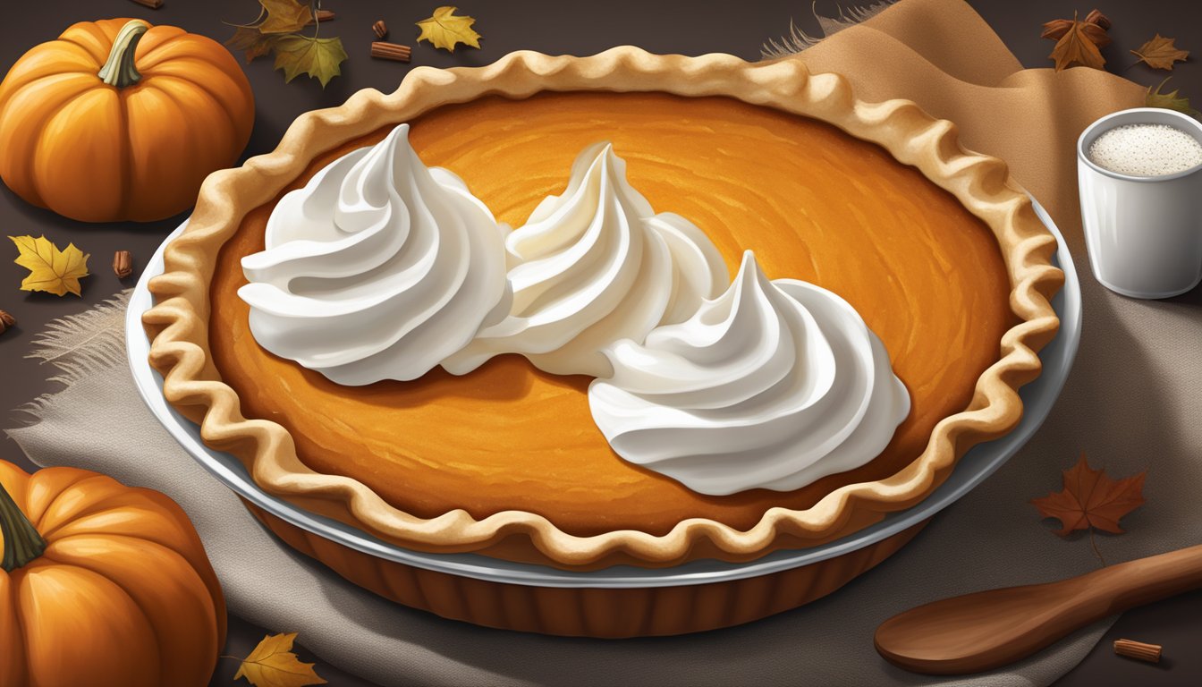 A freshly baked pumpkin pie with a sugar-free crust, topped with a dollop of whipped cream and a sprinkle of cinnamon