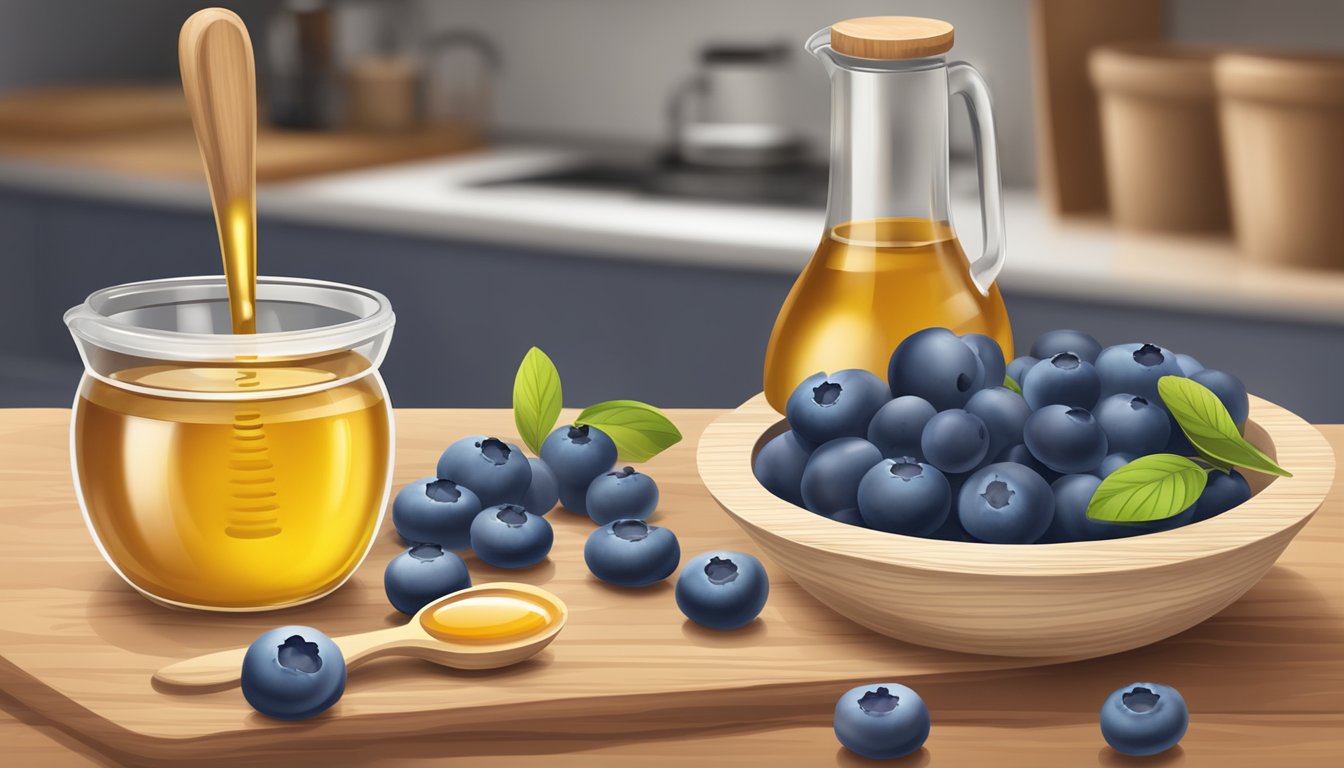 A bowl of fresh blueberries, a measuring cup of almond flour, and a bottle of honey on a wooden kitchen counter