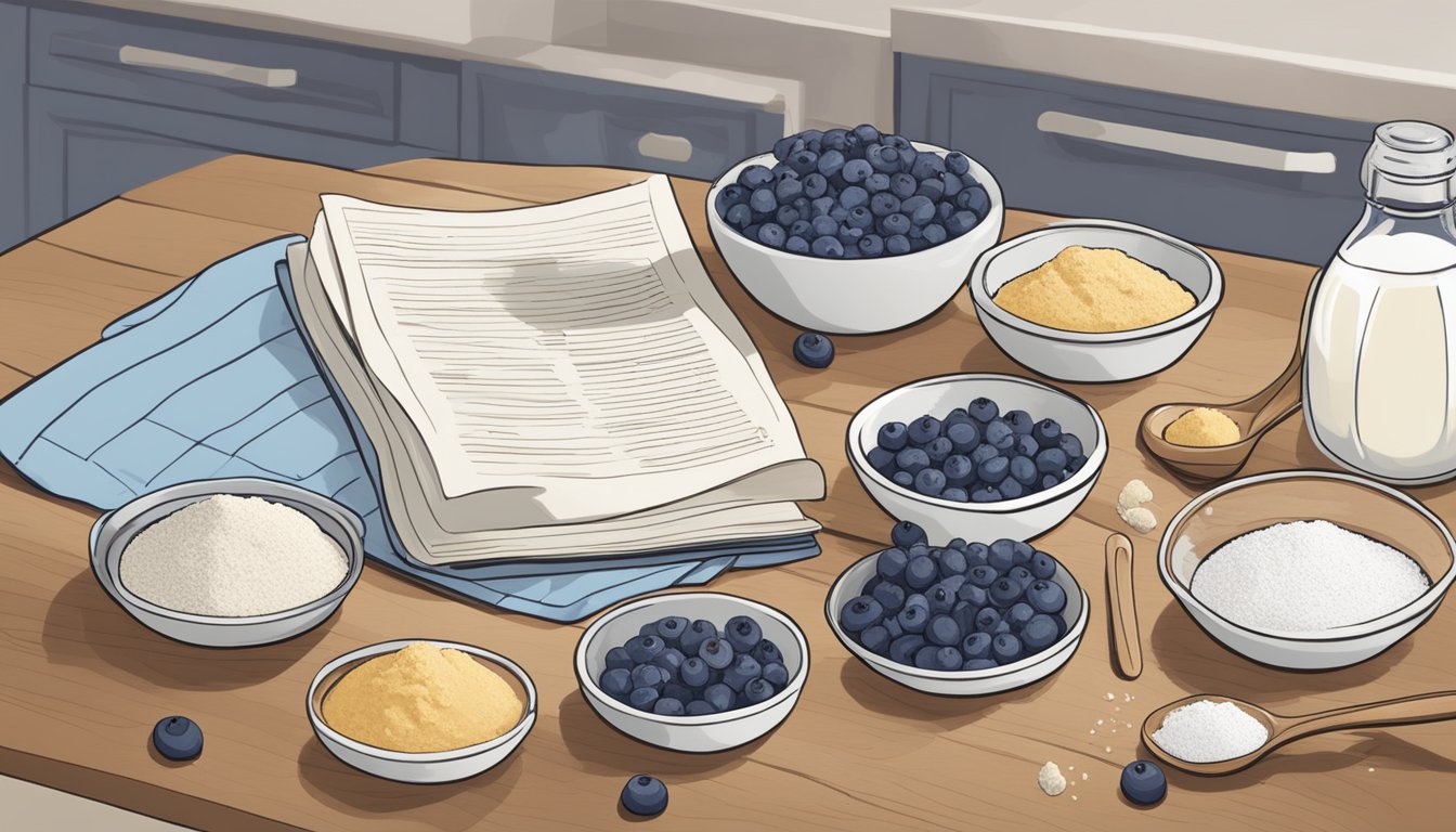 A kitchen counter with bowls of flour, blueberries, and baking ingredients, alongside a recipe book open to a page titled "Choosing the Right Flour Diabetic Recipe for Blueberry Muffins."