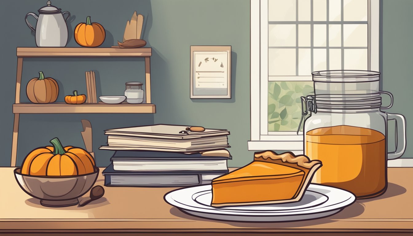 A pumpkin pie sits on a kitchen counter next to a stack of cookbooks and a jar of cinnamon, with a calendar on the wall showing the date of preparation