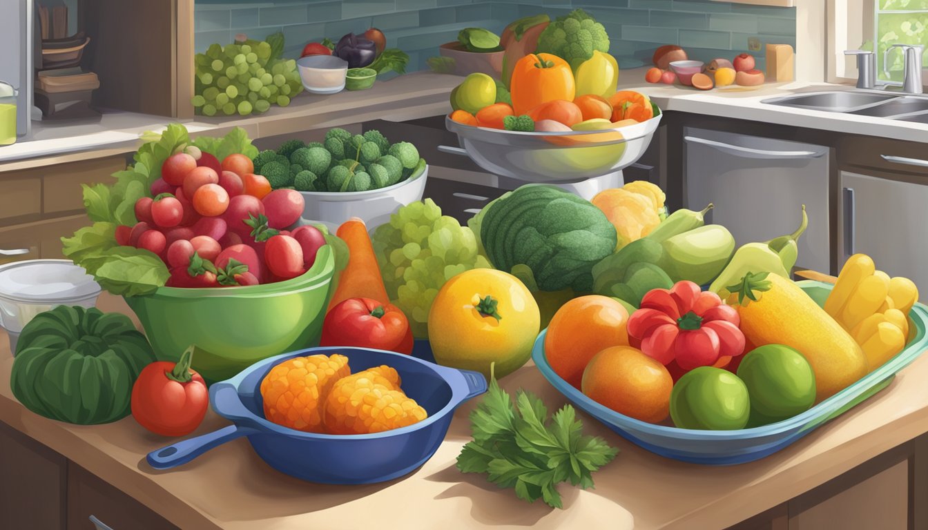 A colorful array of fresh fruits and vegetables, a measuring cup, and a pie dish on a kitchen counter