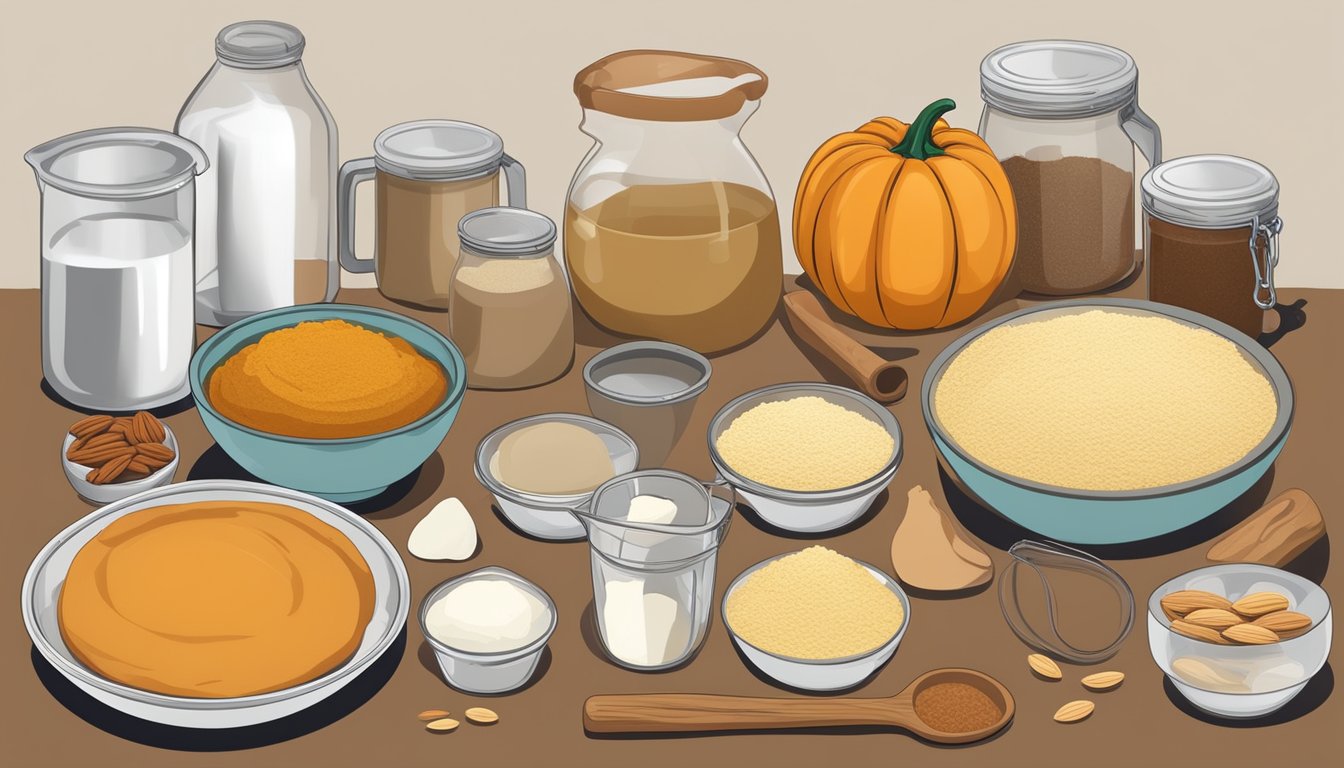 A kitchen counter with ingredients for pumpkin pie, including almond flour, stevia, canned pumpkin, and cinnamon, with a mixing bowl and measuring cups