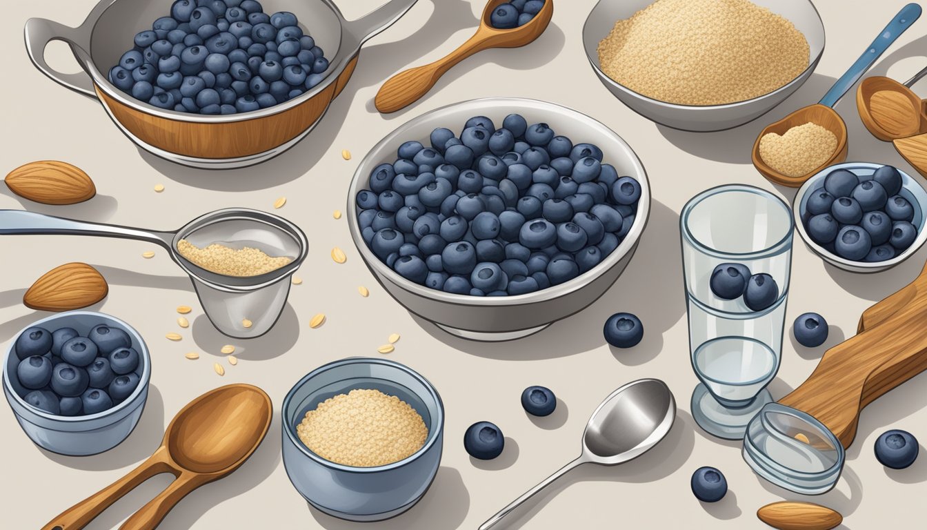 A kitchen counter with fresh blueberries, almond flour, and a mixing bowl surrounded by measuring cups and spoons