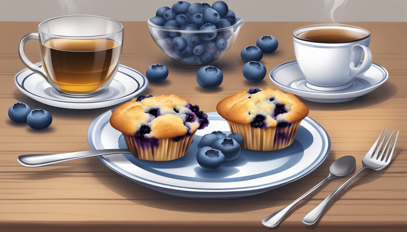 A table set with a plate of blueberry muffins, a cup of tea, and a fresh blueberry garnish