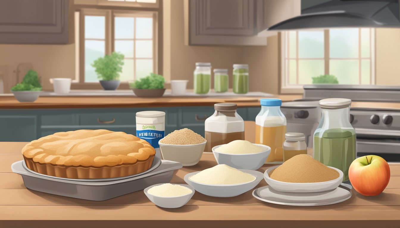 A table with various ingredients such as whole wheat flour, unsweetened applesauce, and stevia, along with a nutrition label and a pie baking in the oven