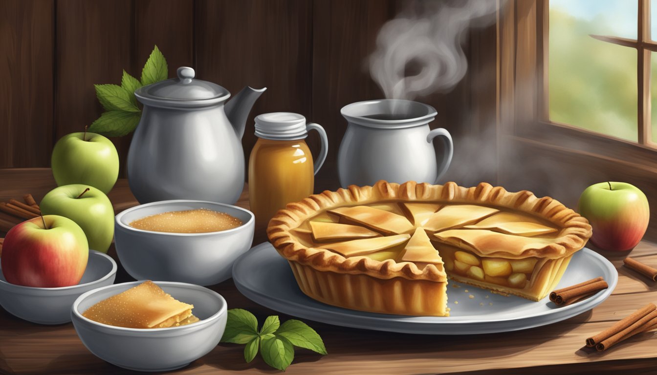 A steaming apple pie sits on a rustic table, surrounded by bowls of alternative sweeteners like stevia and erythritol. Fresh apples and cinnamon sticks add a touch of natural sweetness to the scene