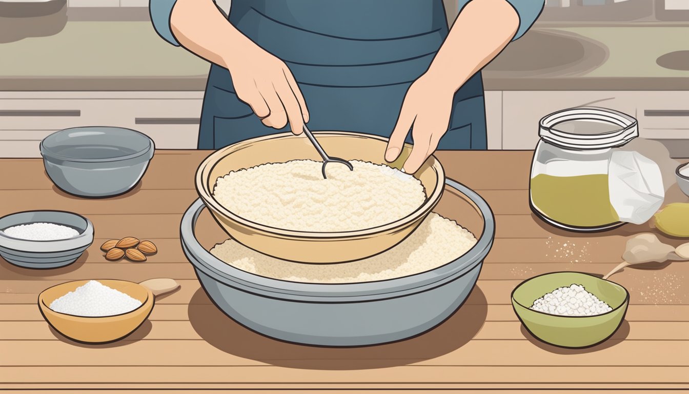 A person mixing almond flour, coconut oil, and sweetener in a bowl, then pressing the mixture into a pie dish with their fingers