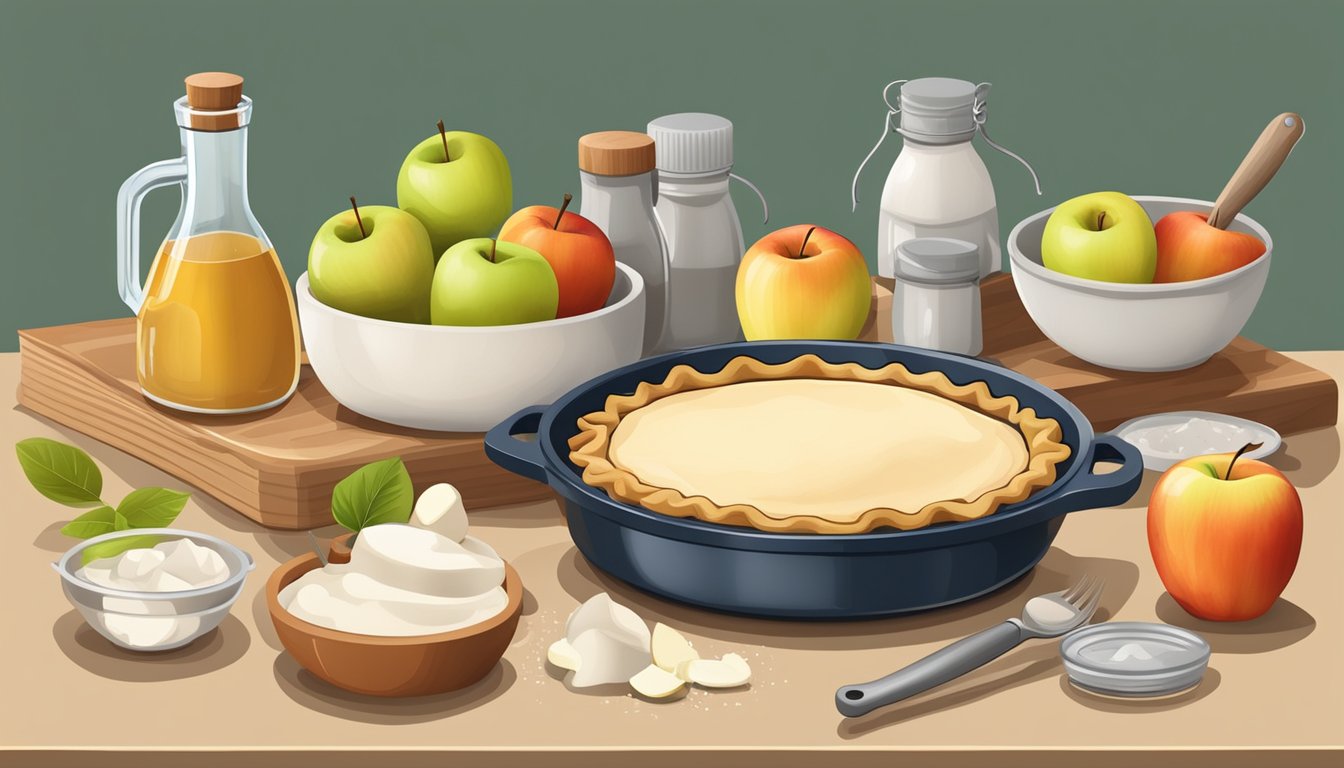 A kitchen counter with ingredients and utensils for making a diabetic apple pie