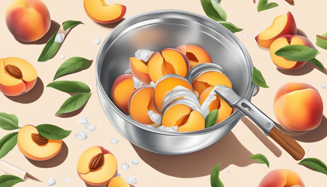 Fresh peaches being sliced and mixed with cinnamon and sweetener in a mixing bowl