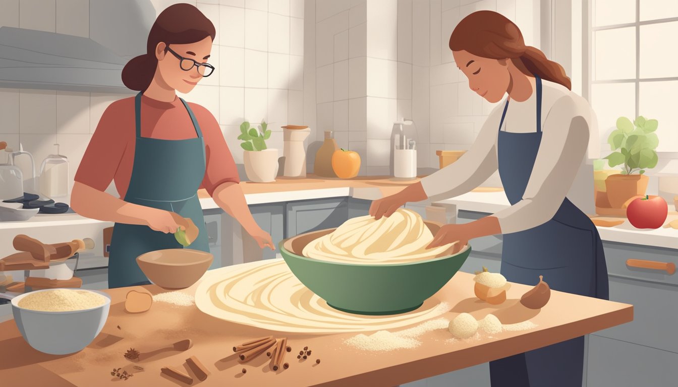 A person mixing ingredients in a bowl, while another person rolls out dough on a floured surface. Apples and spices sit nearby