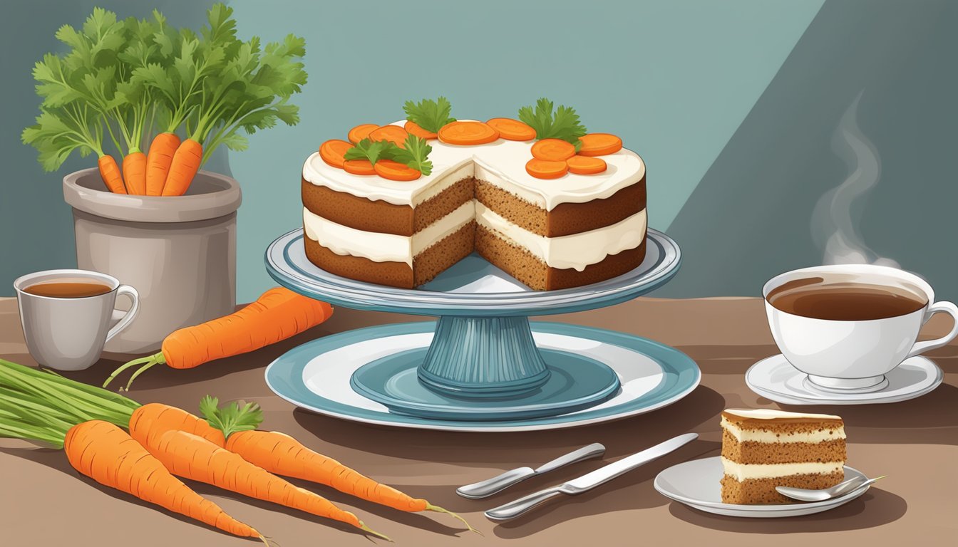 A table set with a sliced carrot cake, surrounded by fresh carrots and a pot of tea