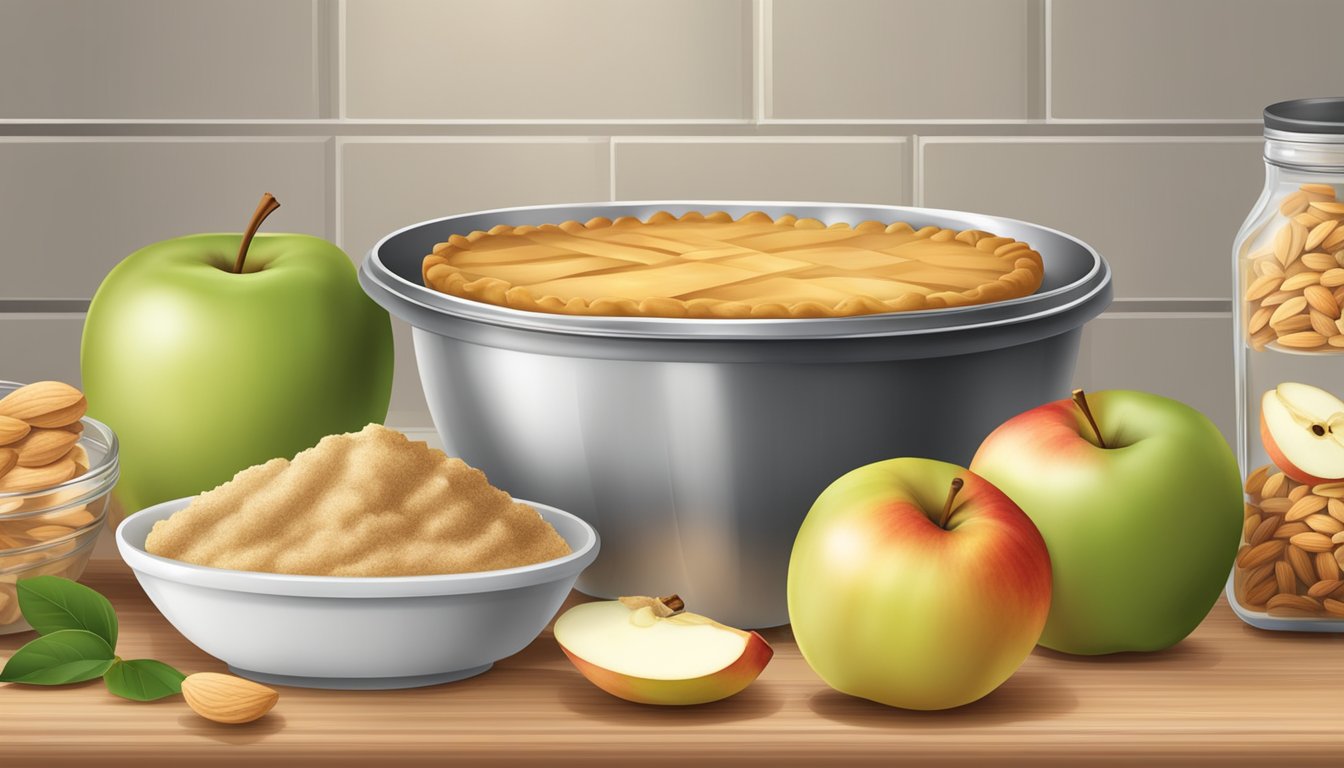 A table with ingredients for diabetic apple pie, including apples, almond flour, and cinnamon