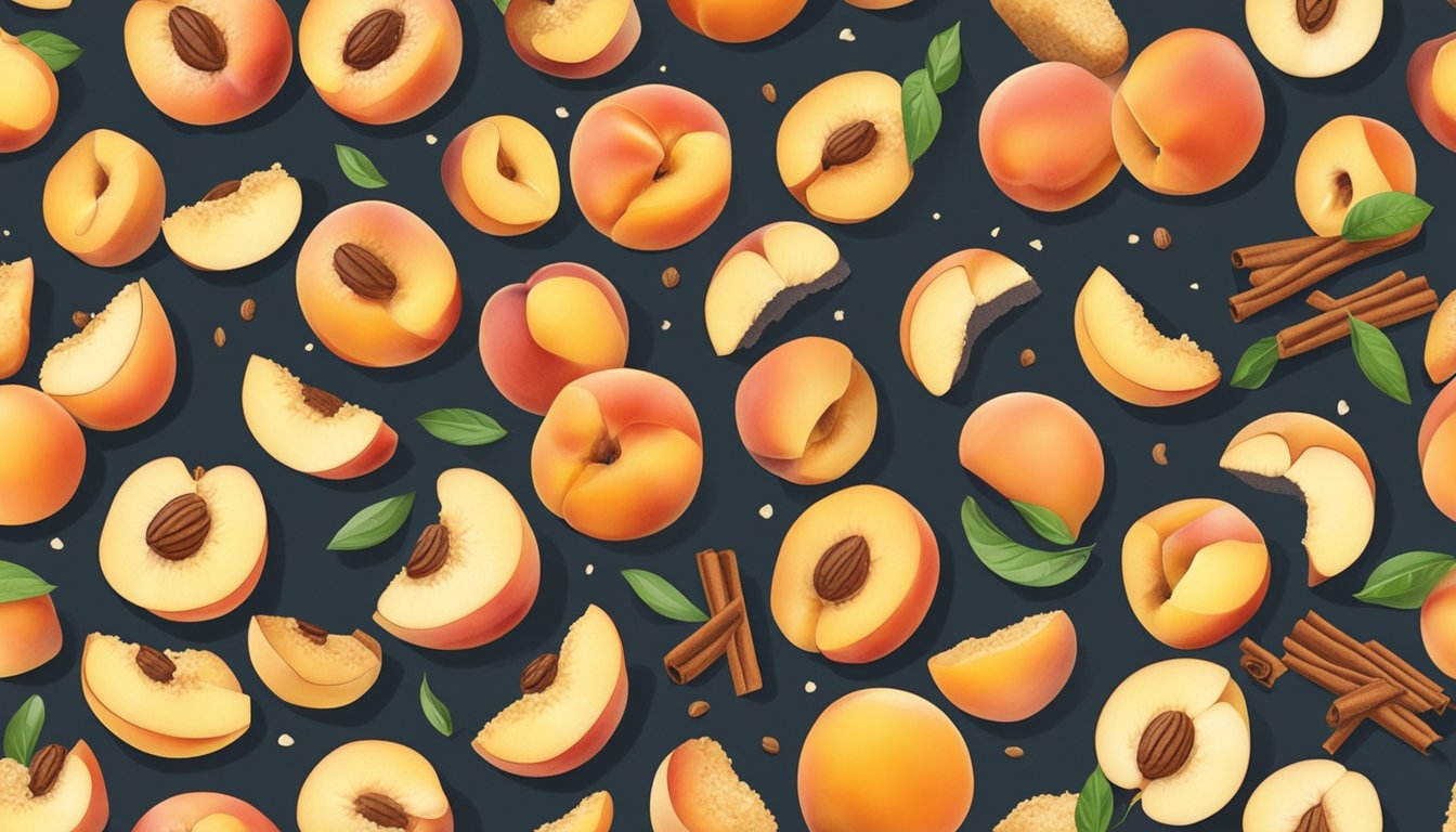 Fresh peaches being sliced and mixed with sugar and cinnamon, then topped with a crumbly oat mixture before being placed into a hot oven