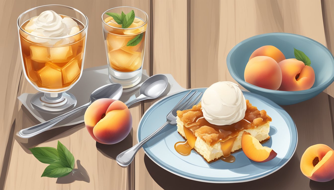 A table set with a freshly baked peach cobbler and a scoop of sugar-free vanilla ice cream, with a glass of iced tea on the side