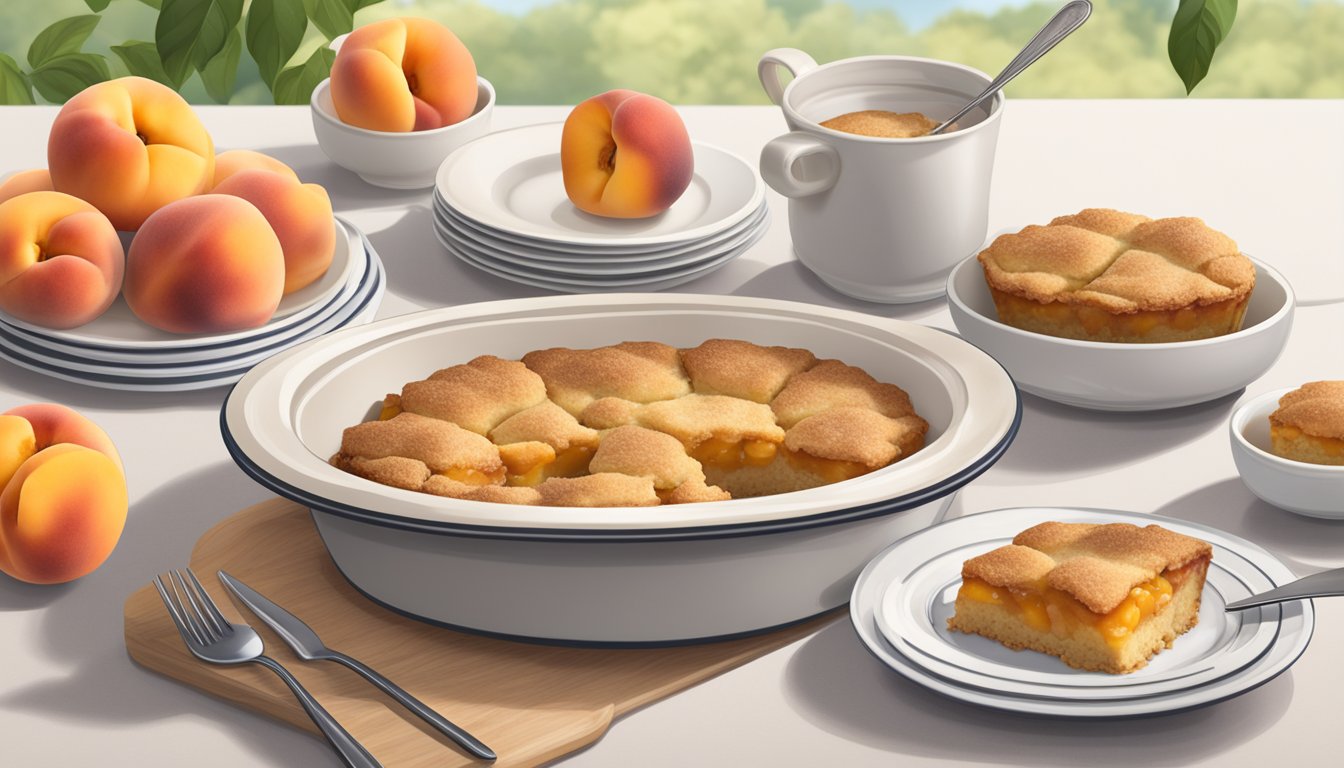 A peach cobbler recipe with diabetic-friendly ingredients and nutritional information displayed alongside a plate of the finished dessert