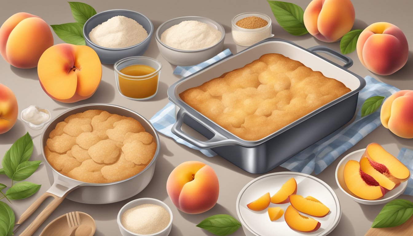 A peach cobbler being prepared with sugar substitutes and whole wheat flour, surrounded by fresh peaches and a variety of healthy baking ingredients