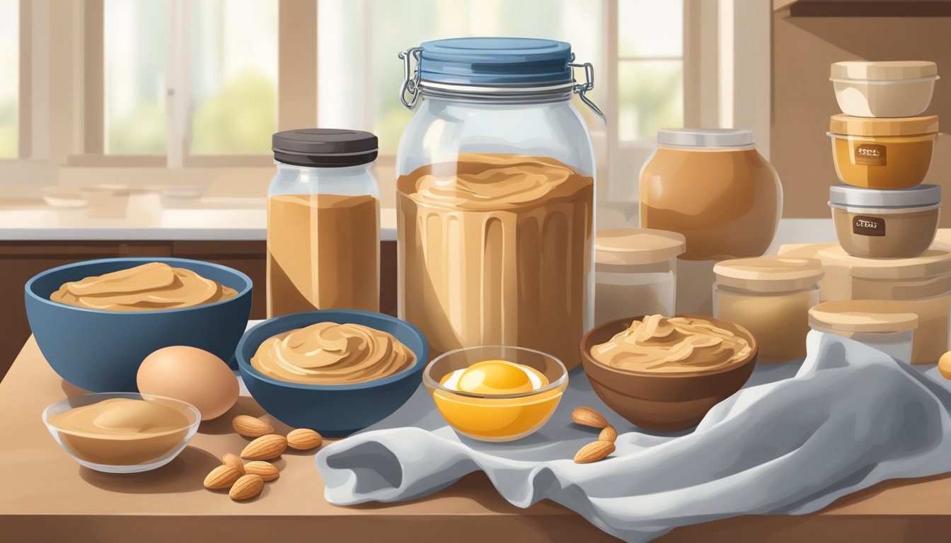 A jar of peanut butter surrounded by a variety of ingredients such as eggs, almond flour, and a mixing bowl on a kitchen counter