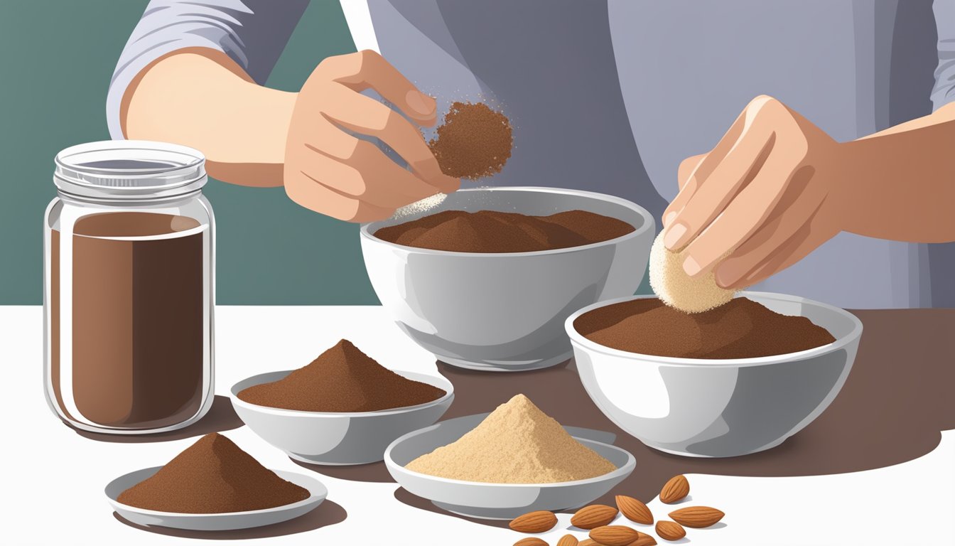 A person measuring and pouring sugar substitute, cocoa powder, and almond flour into a mixing bowl