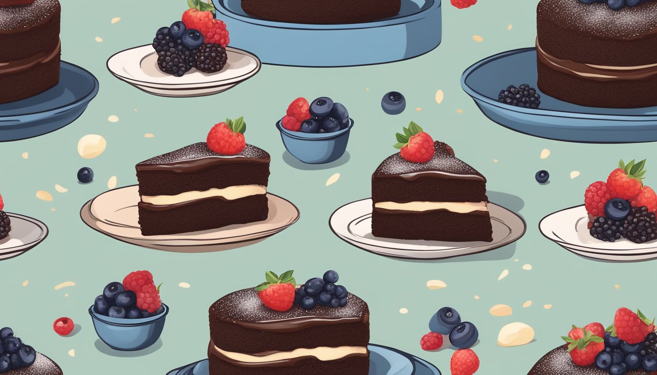 A chocolate cake surrounded by fresh berries and a sprinkle of powdered sugar, with a measuring cup of sugar substitute and a bowl of almond flour nearby