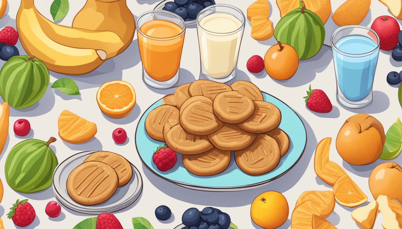 A plate of peanut butter cookies surrounded by a variety of colorful fruits and a glass of almond milk