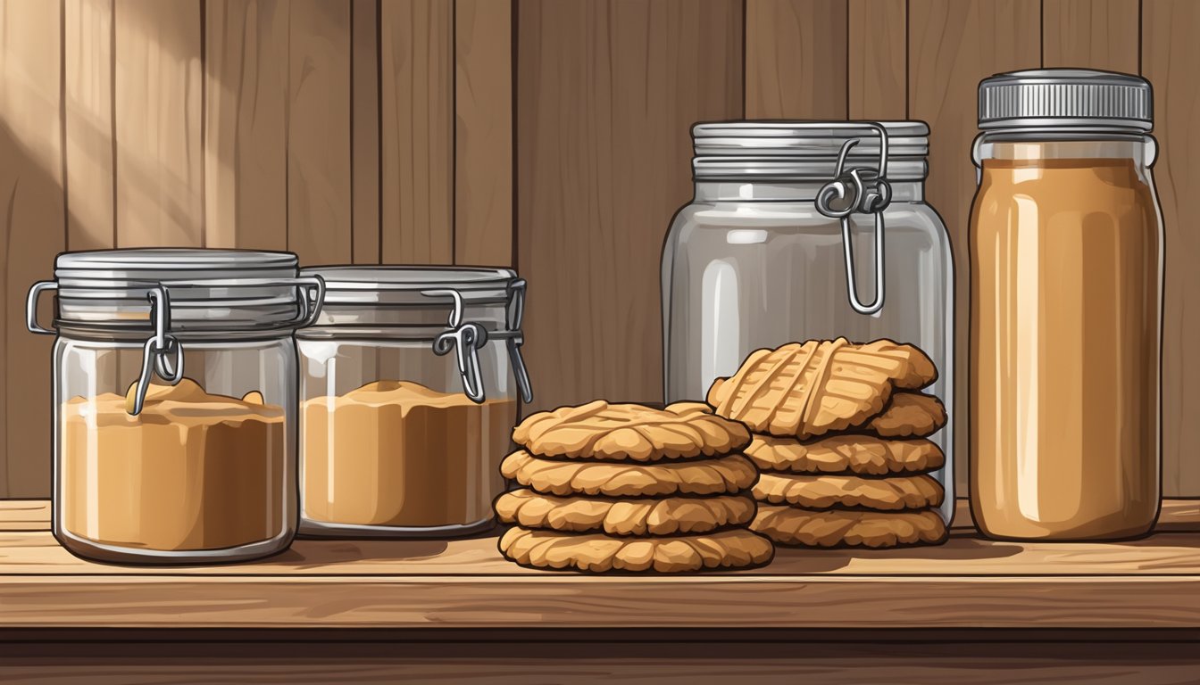 A glass jar of peanut butter surrounded by measuring cups and spoons, with a stack of freshly baked peanut butter cookies on a wooden shelf